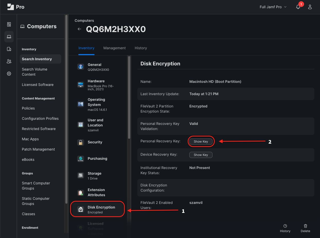 Inventory screen guiding you to first select Disk Encryption then show key