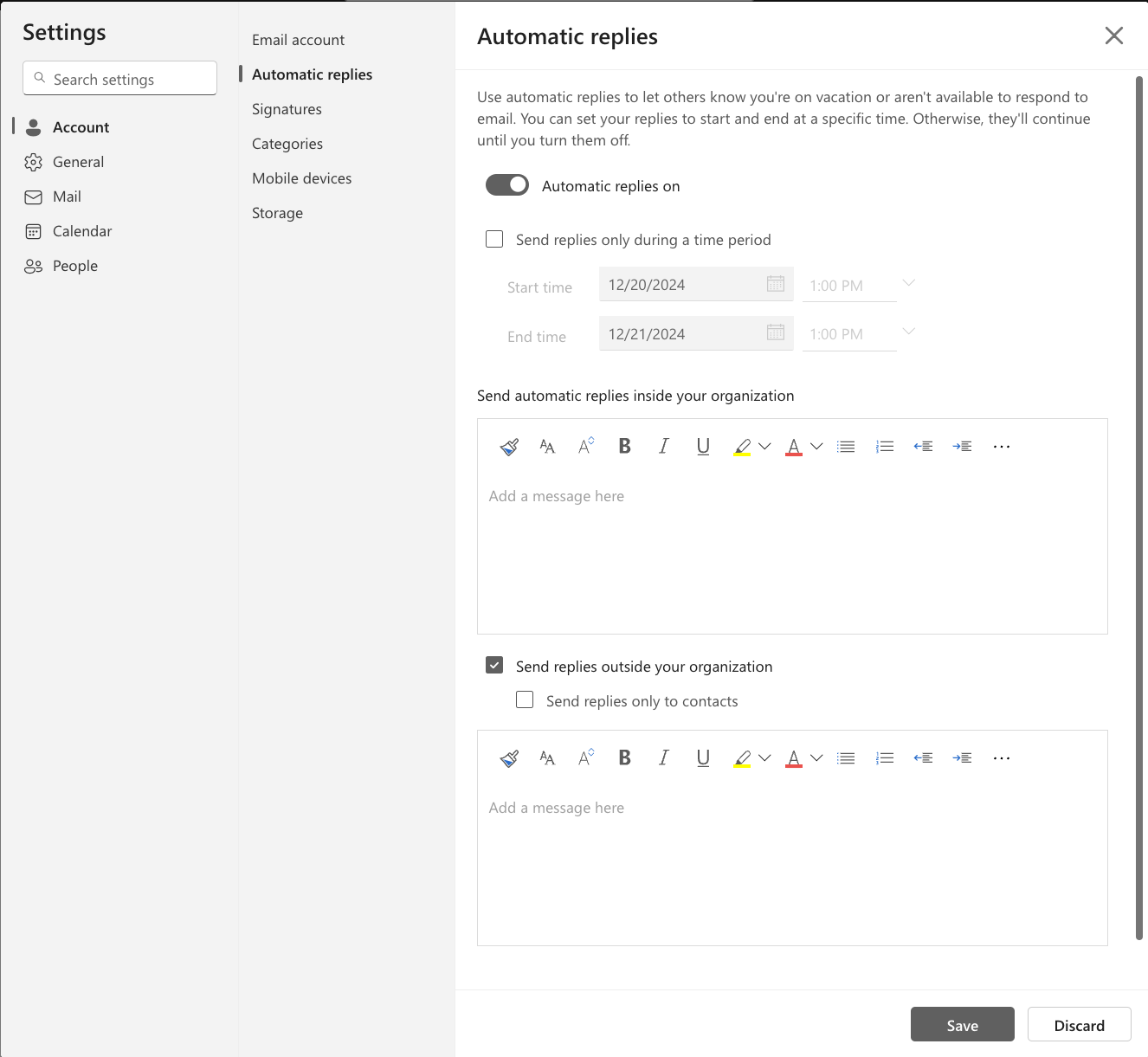 Account menu with automatic replies on