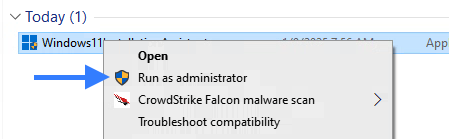 Menu is select with an arrow pointing towards the &quot;Run as administrator&quot; option.