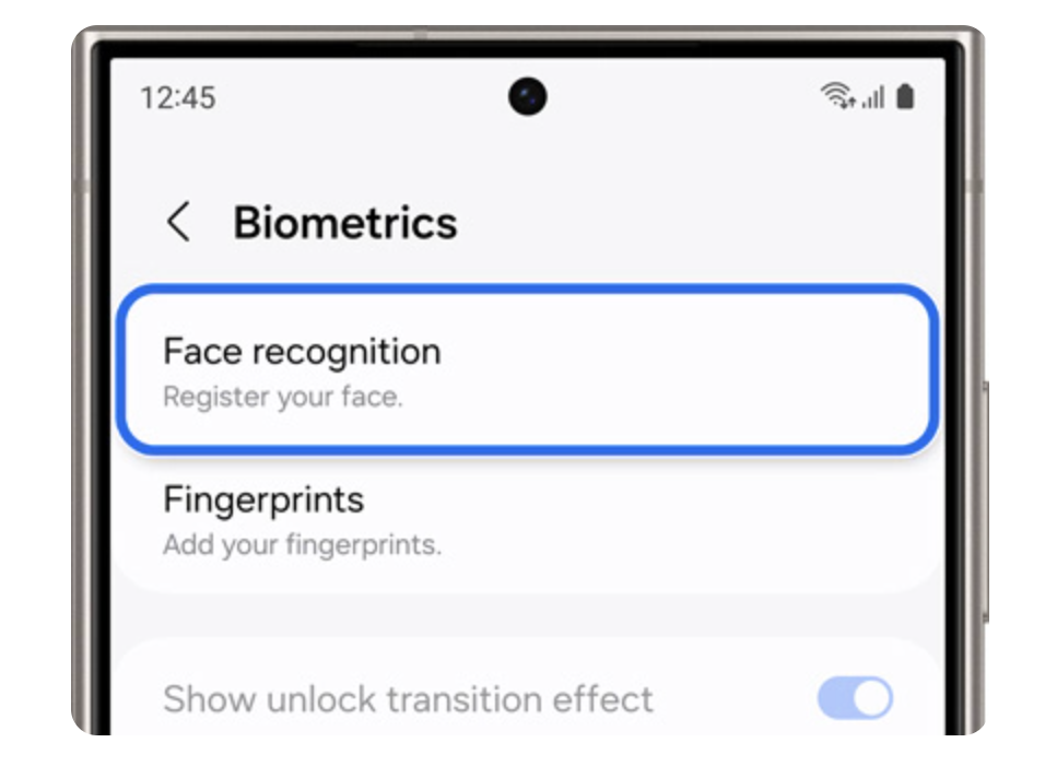 Facial Recognition is select in the Biometrics menu