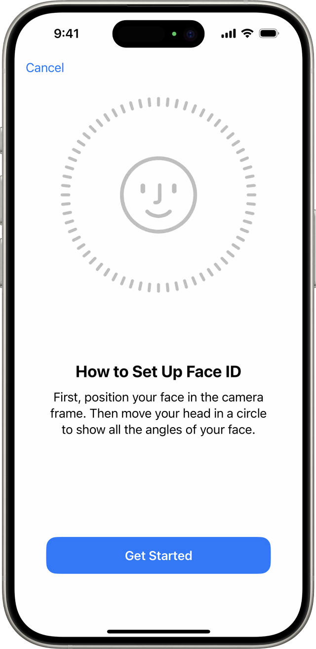 How to set up face ID screen. Includes Get Started button.