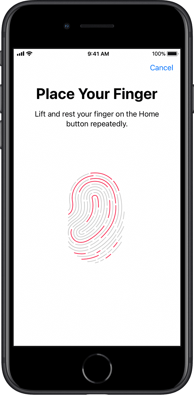 iPhone Touch ID set up page. Instructs user to place finger on sensor until they feel a quick vibration, or until they're asked to lift your finger
