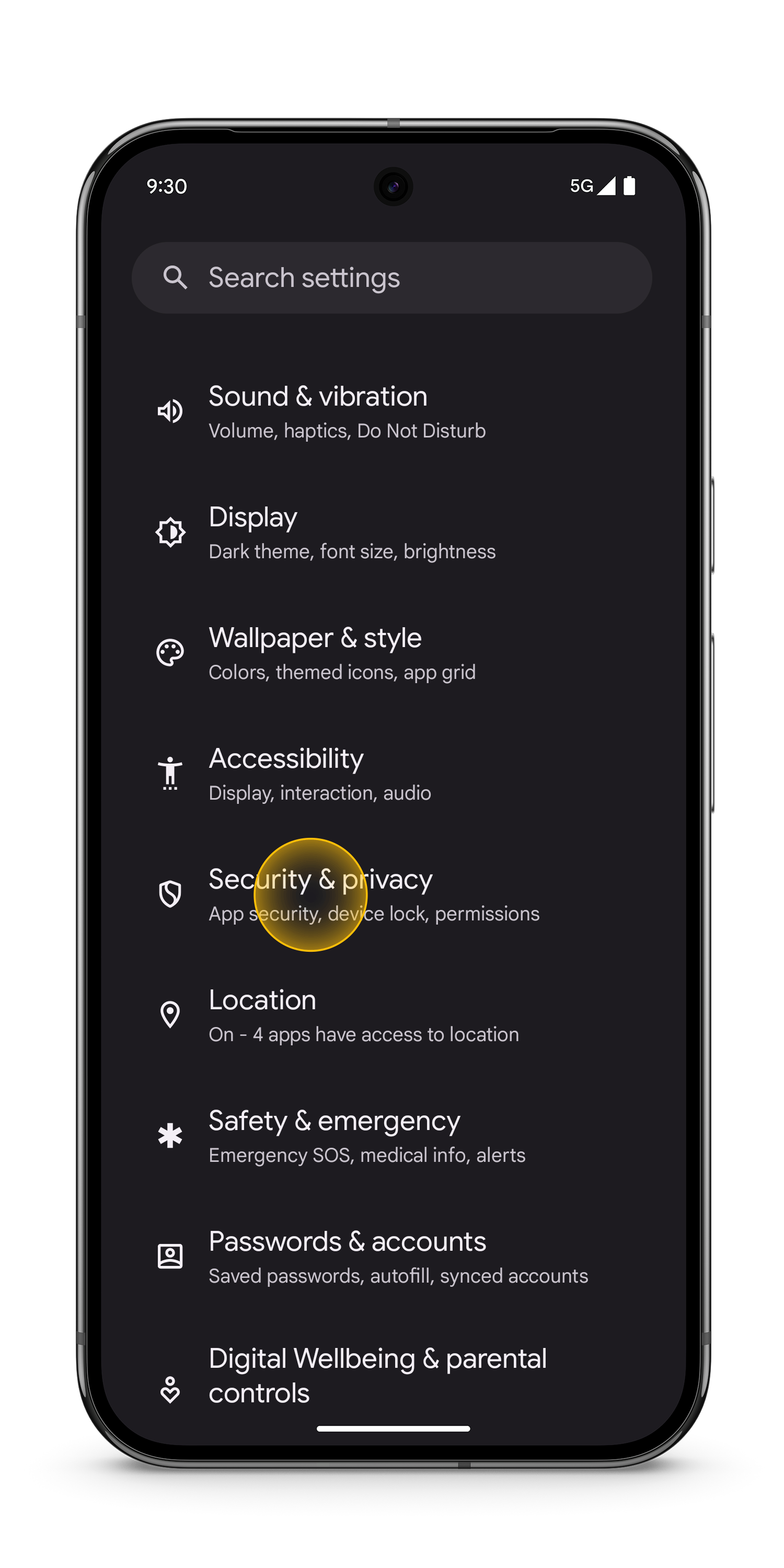 The security and privacy option is selected with the settings menu.