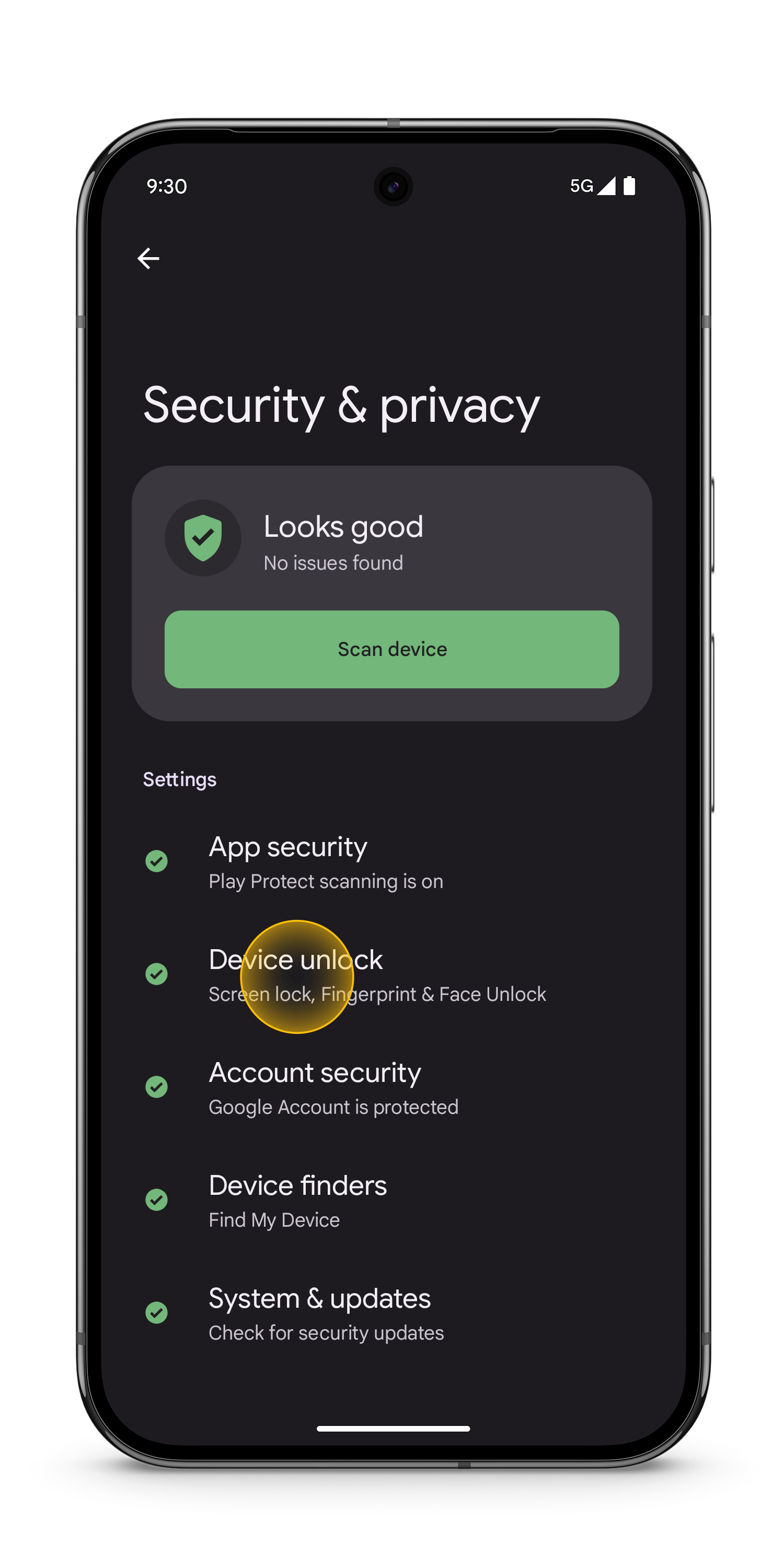 Device unlock is selected within the menu.