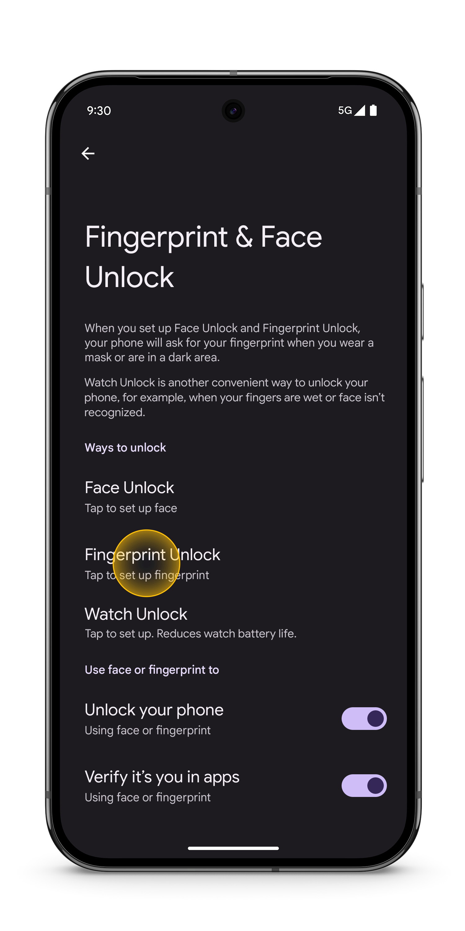 Fingerprint unlock is selected in the Fingerprint &amp; Face Unlock menu.