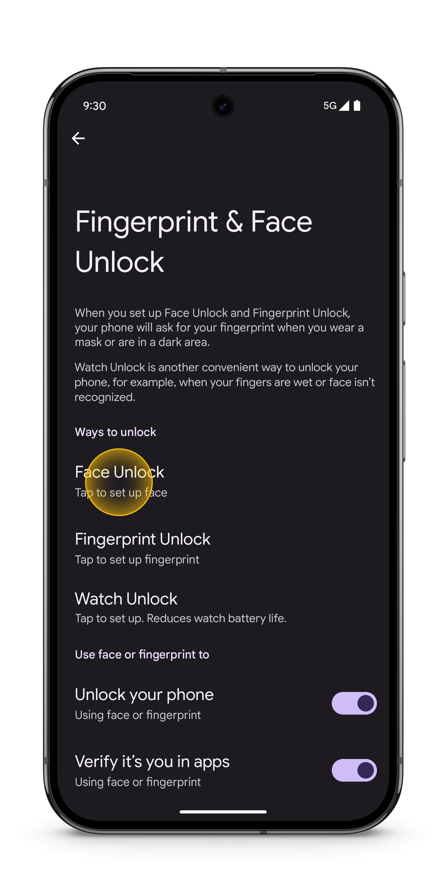 Face unlock is selected in the Fingerprint &amp; Face Unlock menu.