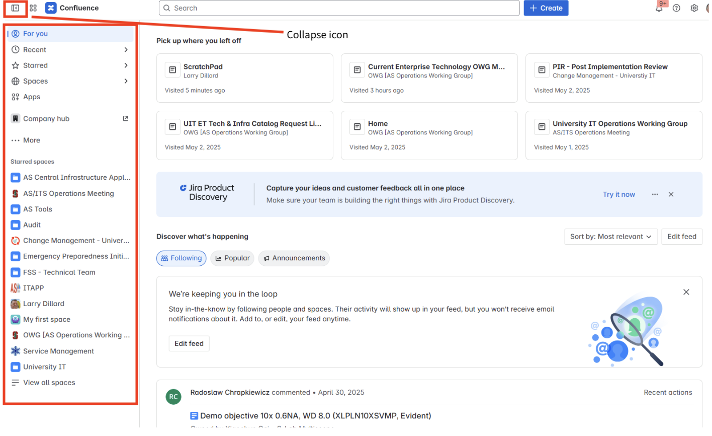 Confluence homepage. Sidebar menu is highlighted on the left hand side. The collapse icon is circled above the sidebar menu.