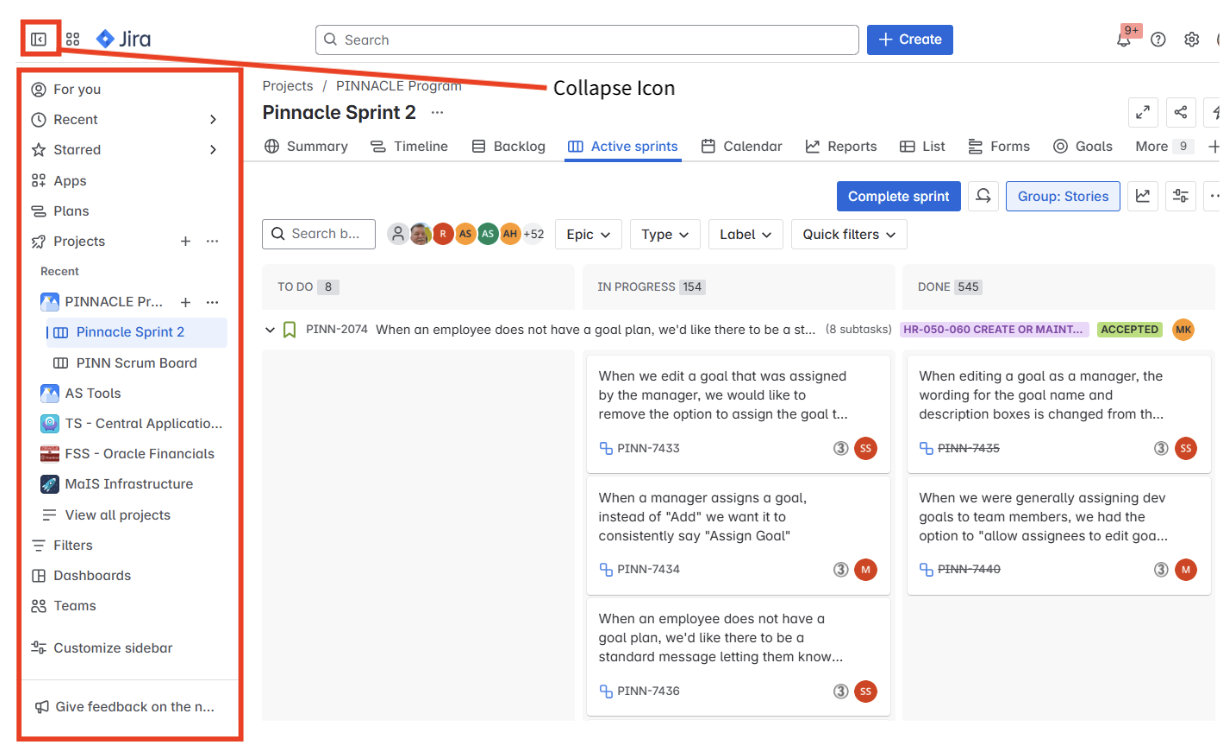 Jira homepage. Sidebar menu is highlighted on left-hand side. The collapse icon is circles above the sidebar menu