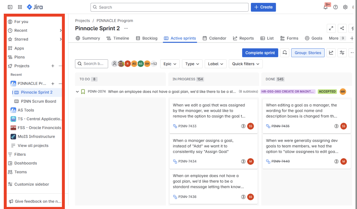Jira project page. Sidebar menu is highlighted on left-hand side.