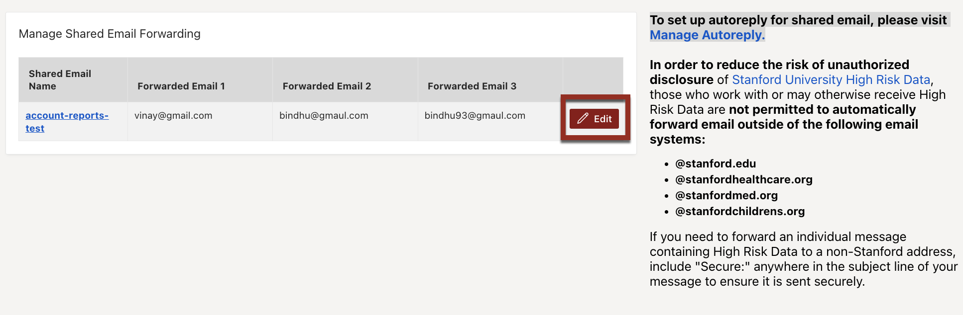 Shared Email tile with Edit button highlighted