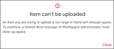 item can't be uploaded message