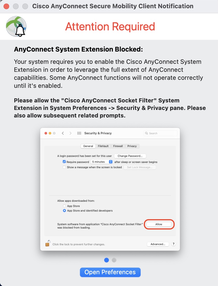 MacOS may request allowing the Cisco AnyConnect system extension to be added.