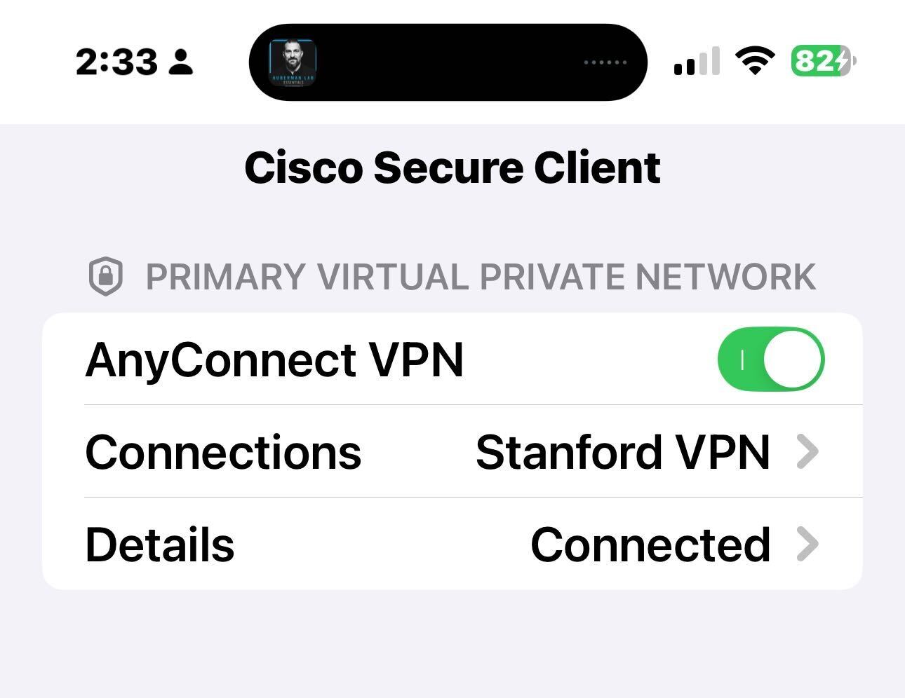 Toggle shows AnyConnect is connected.