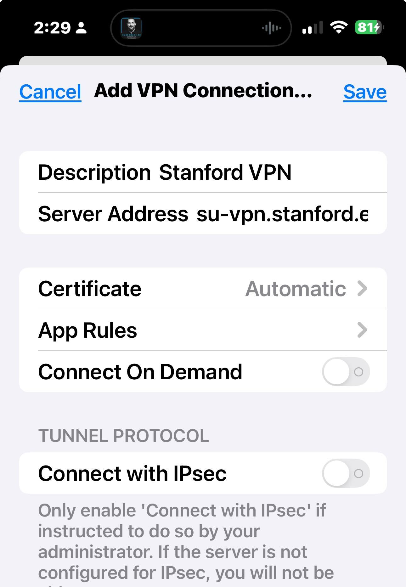 show interface for adding VPN details