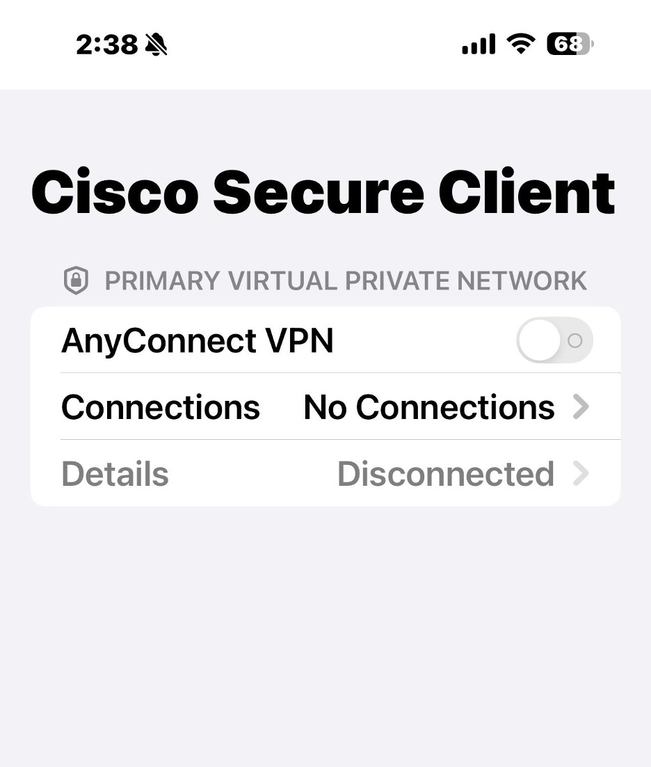 In Cisco Secure Client app, VPN connection is off.