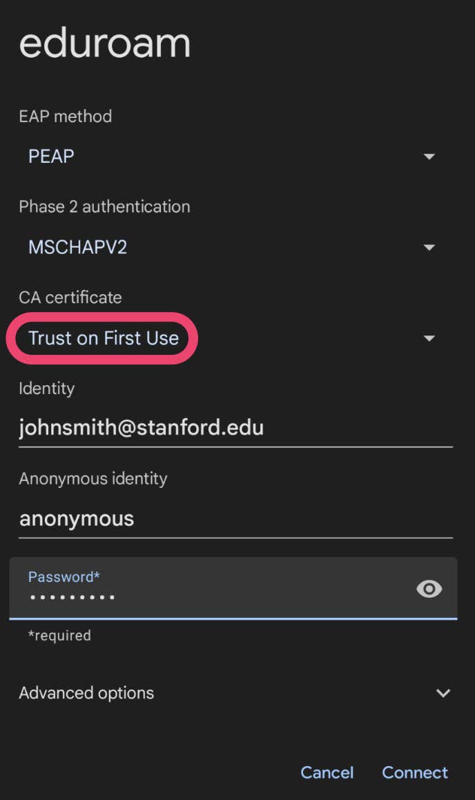 Eduroam profile configuration set up highlighting to select Trust on first use for CA Certificate.