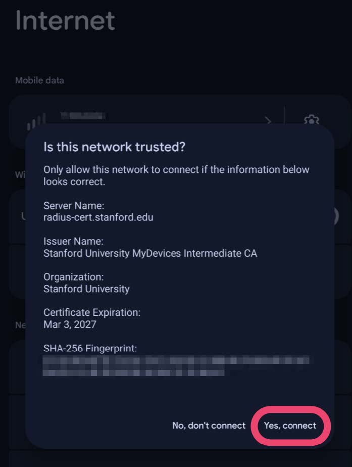 Pop up window asking Is this network trusted and highligting for you to select Yes Continue.
