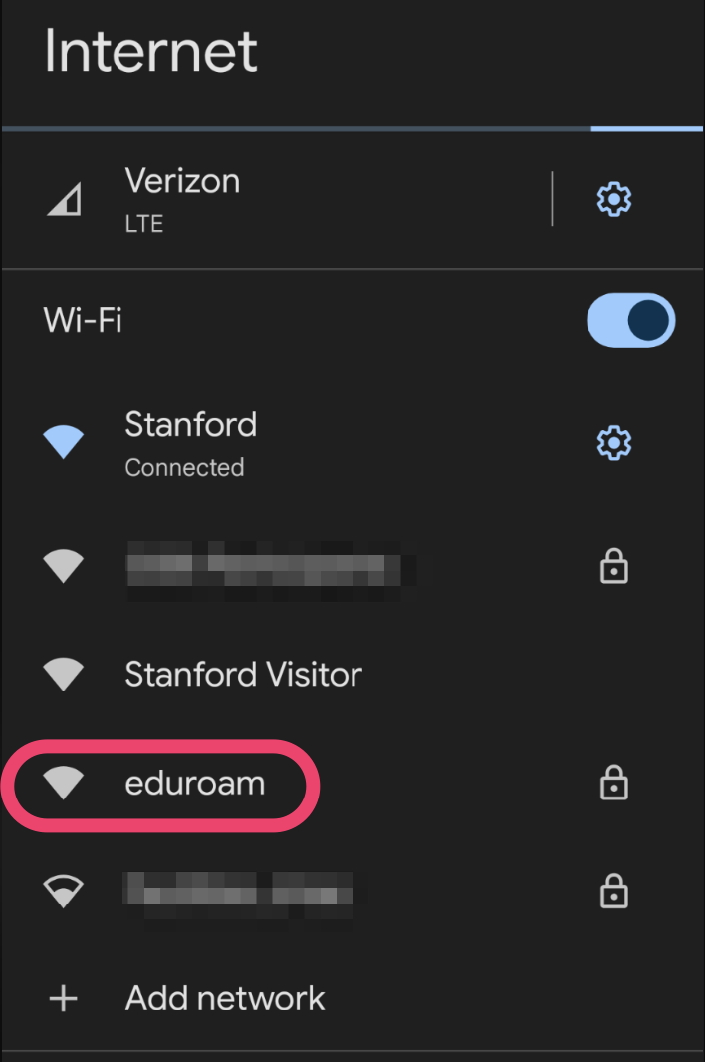 Settings panel to configure Android for Stanford eduroam wireless network. You will select eduroam as the network you want to connect too.