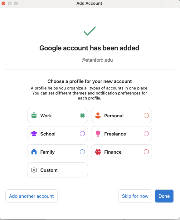 Pop up window confirming your Google account has been added. Option to create a profile for your new account or select done if you prefer to set it up at a later time.