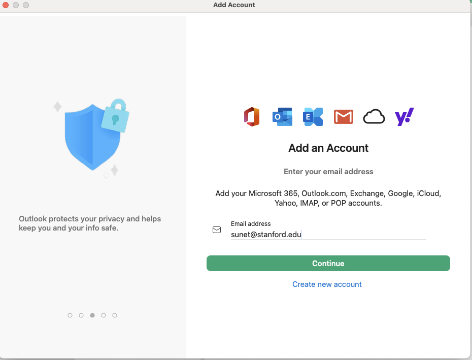 Add account pop window, you will sign in with your SUNet and select Continue