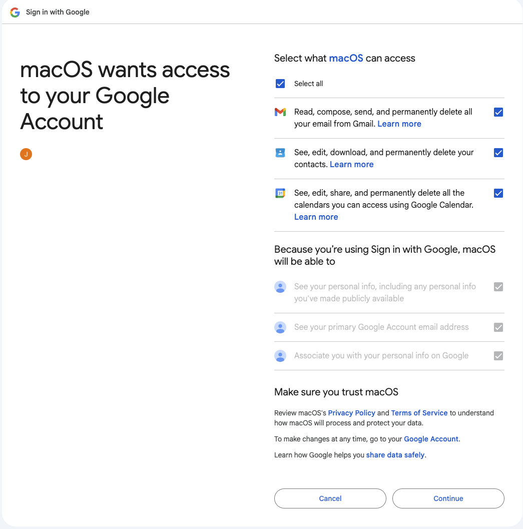 Screenshot of macOS asking for access to your Google account, click 