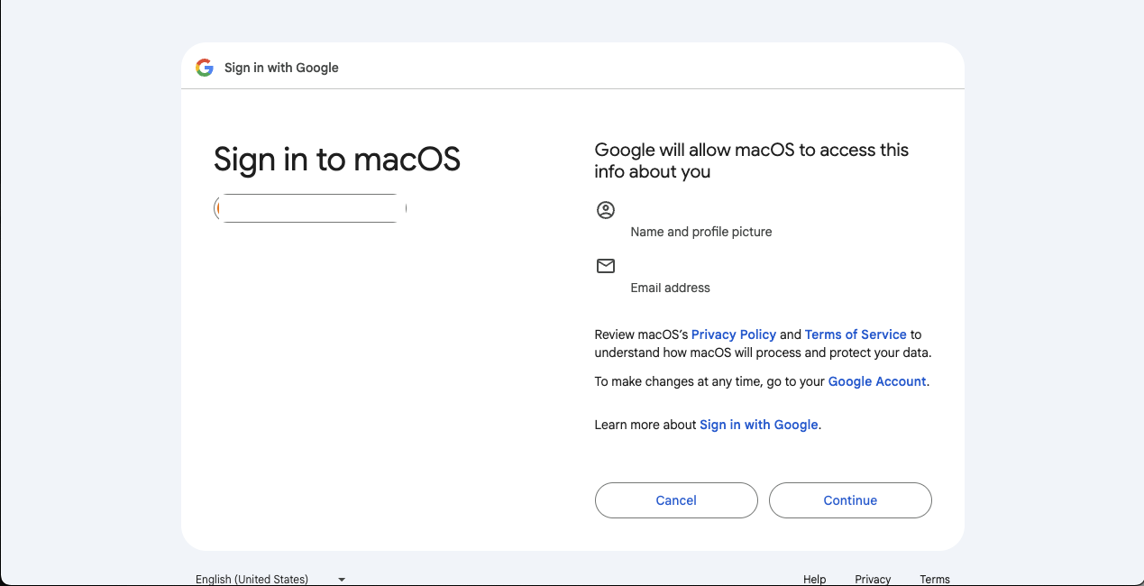 Screenshot showing what information Google will allow macOS to have access to, you will review and select continue.