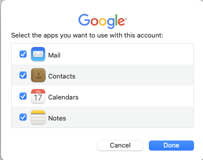 List of Google apps that you can sync. Select Mail and any other apps you want to sync with macOS