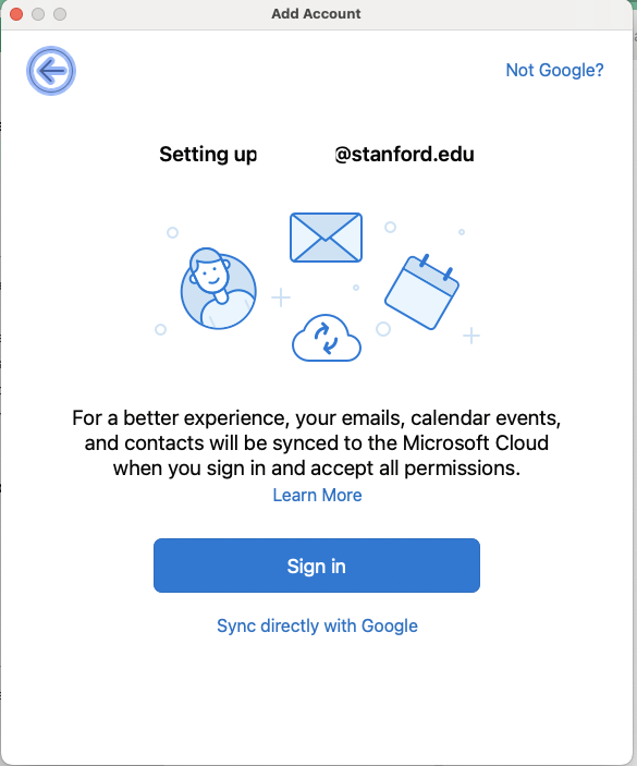 Add Account prompt showing you are setting up your account, you will Select Sign in 