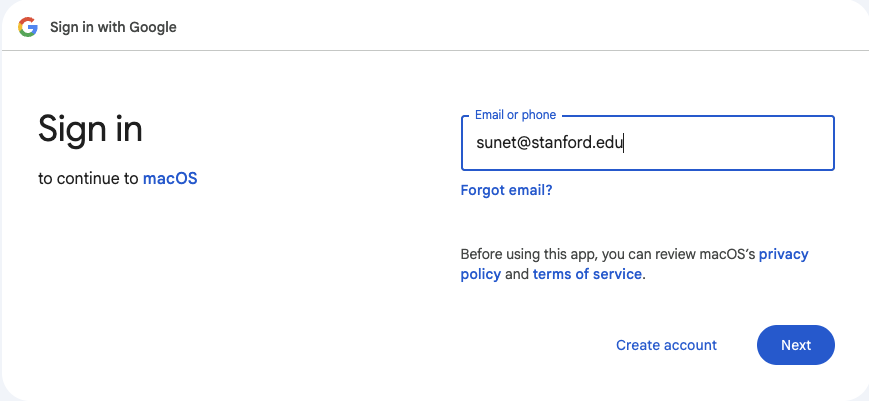 Sign in pop up window, enter your Stanford email address and select next
