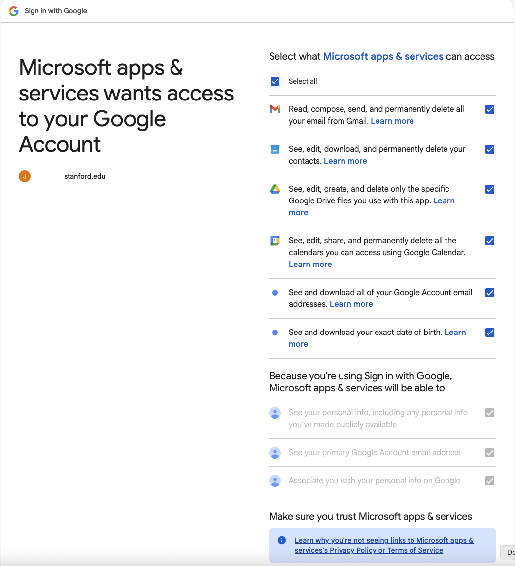 Screenshot of macOS asking for access to your Google account, select all and click Continue