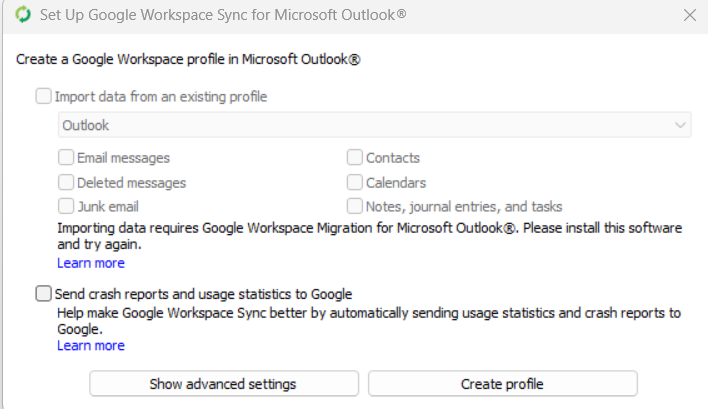 Prompt to create a Google Workplace profile, select create profile