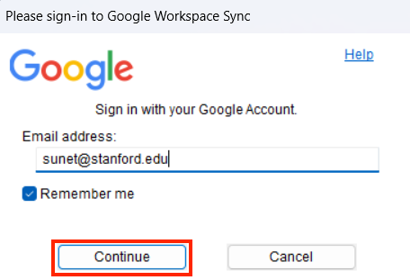 Sign in window, Enter your Stanford email and select Continue.