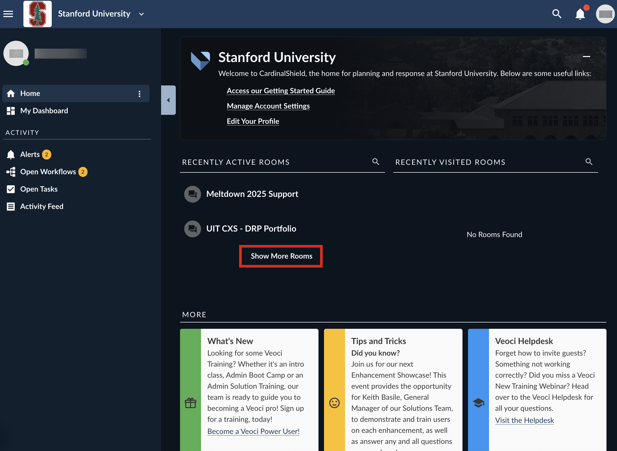 CardinalShield Homepage with the Show More Rooms link highlighted.