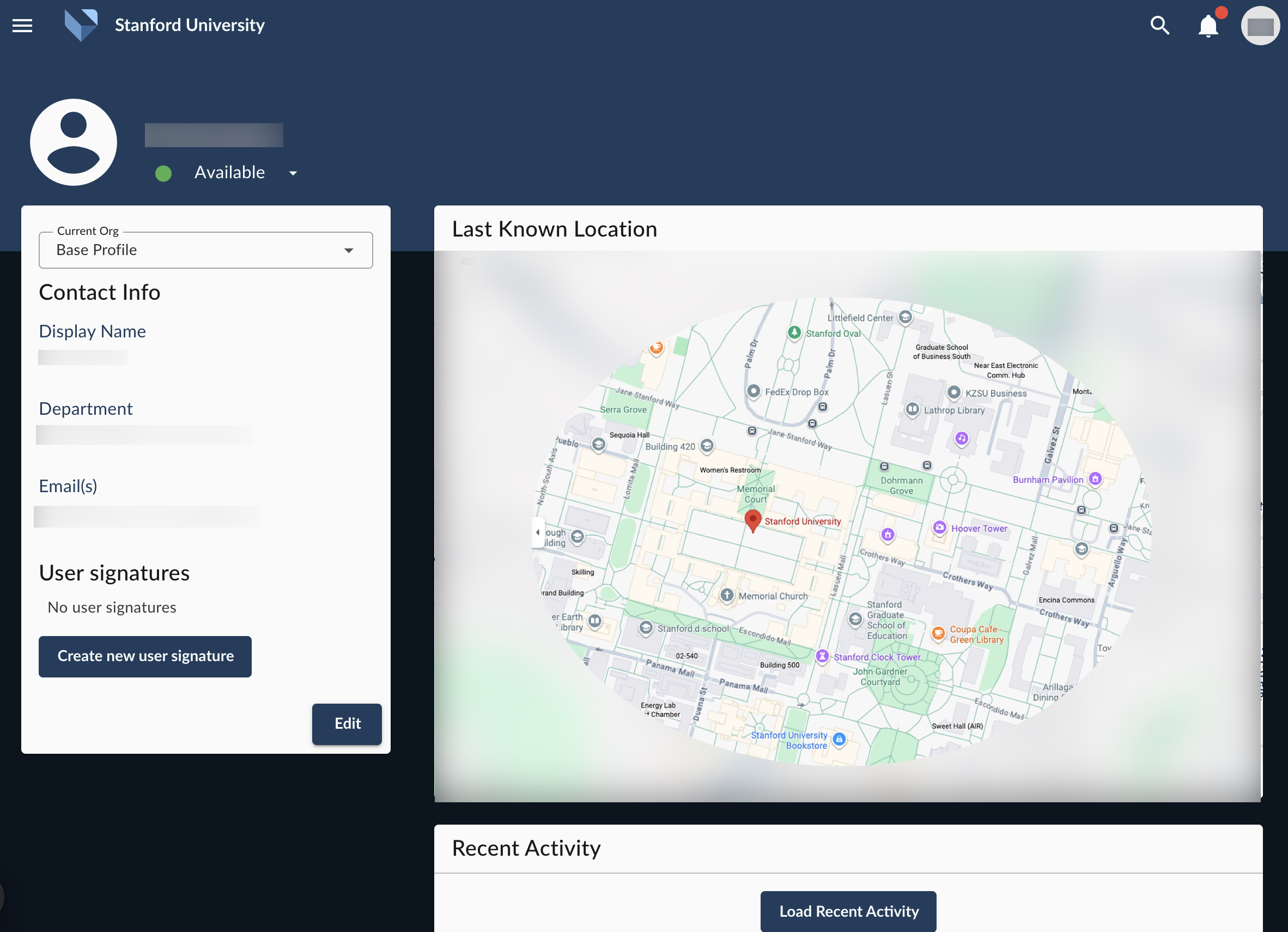 User profile page example, highlighting the Create new user signature and Edit buttons.