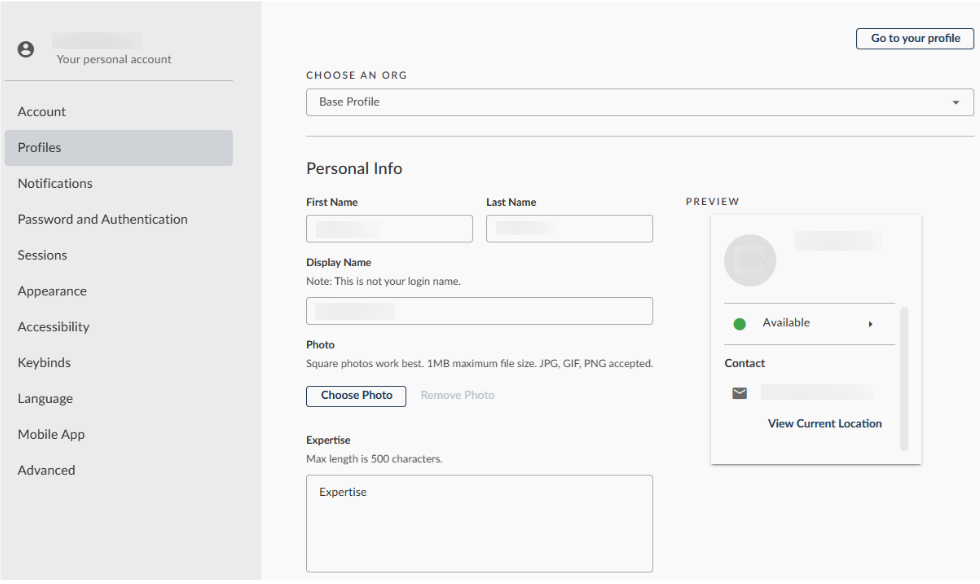 Example of a Profile page in edit mode.