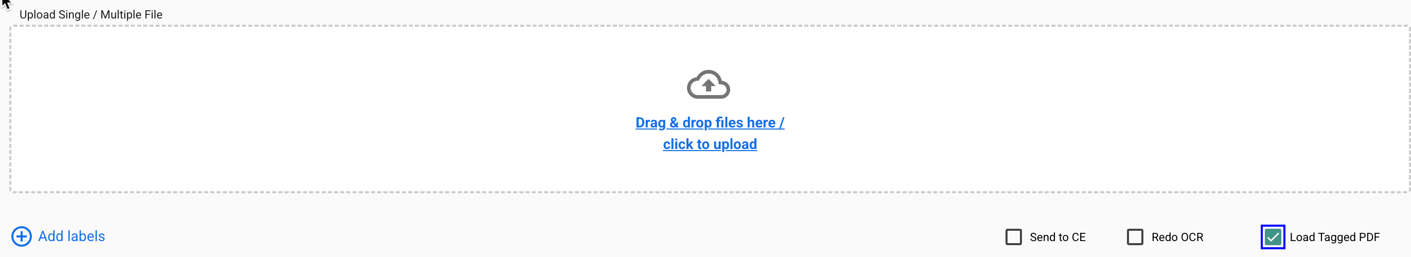 The platform is indicating multiple ways to upload flies. Drag and drop files, or click to upload. The Load Tagged PDF checkbox is selected.