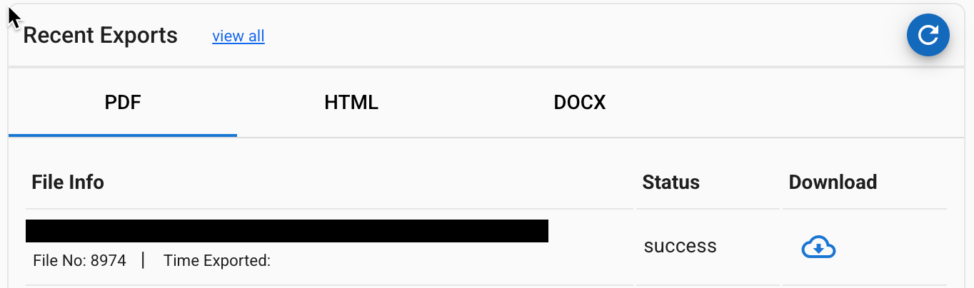 The recent exports window indicates that a file was successfully uploaded.