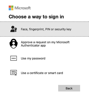Select Face, fingerprint, PIN or security key