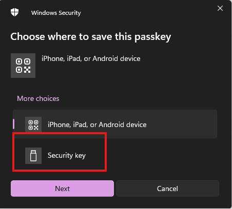 selection security key option