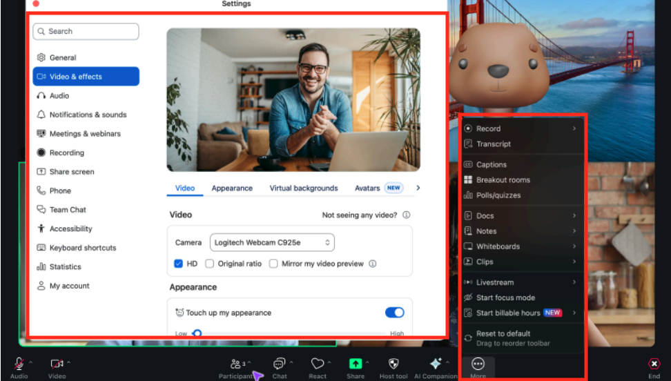 Example of an earlier version of Zoom Workplace where the Zoom desktop app highlighting a separate settings pop up window and host features under more..