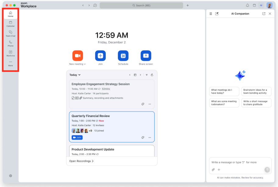 Example of version 6.7 Zoom Workplace where the Zoom desktop app has the left navigation highlighted.