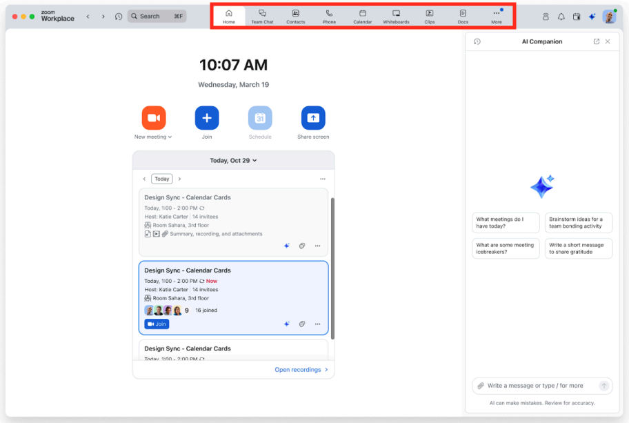 Example of earlier version of Zoom Workplace where the Zoom desktop app has the top navigation highlighted.