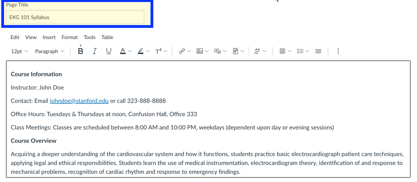 Canvas Page editor with Page Title highlighted.