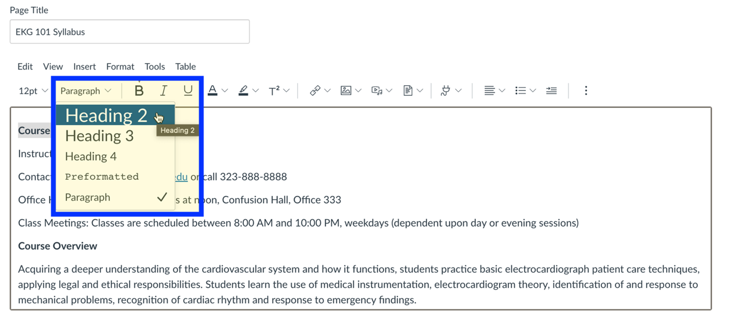 Canvas page editor with heading selector highlighted.