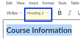 Canvas Page editor with text highlighted and a heading level 2 selected.