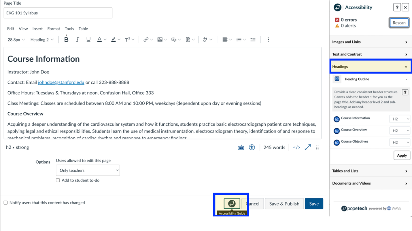 Canvas page editor with Pope Tech Accessibility Guide selected and Headings Pane open.