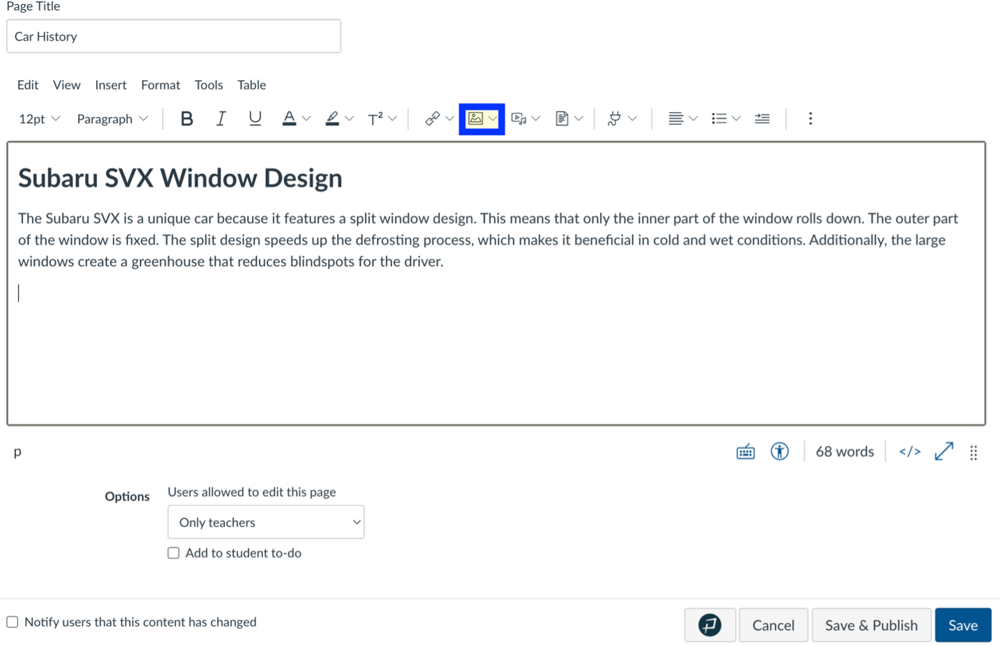 Canvas page editor with image upload highlighted.