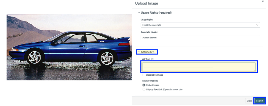 Subaru SVX image and Canvas upload pane with alt text attributes highlighted.