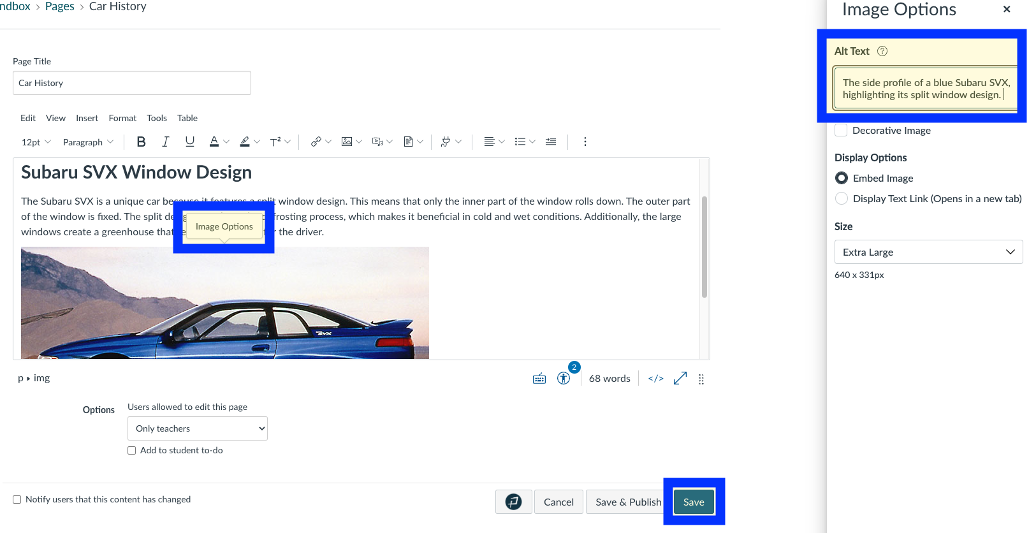 Canvas page editor with the image options button and alt text form highlighted.