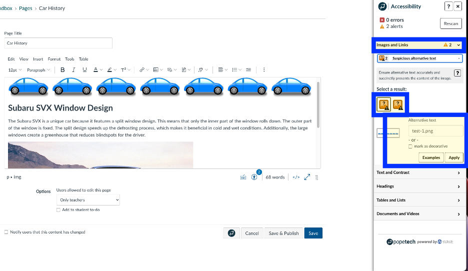 The accessibility guide pane with the image and links and alt text sections highlighted.